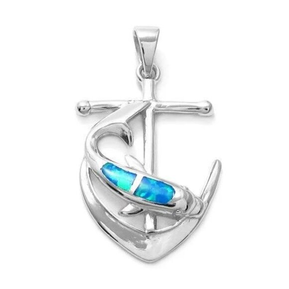 DASHING STERLING SILVER CREATED OPAL ANCHOR & DOLPHIN PENDANT - Picture 1 of 2